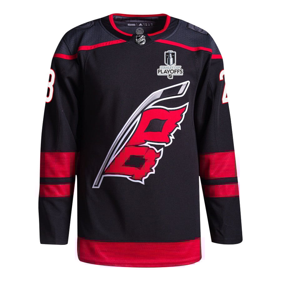 Alternative view of Stefan Noesen 23 Carolina Hurricanes 2024 NHL Playoffs Patch Home Hockey Jersey - Men, Black - JS951 
