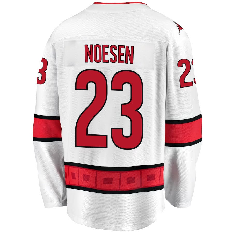 Alternative view of Stefan Noesen 23 Carolina Hurricanes Stanley Cup 2023 Playoffs Patch Away Breakaway Men Hockey Jersey - White - JS588 