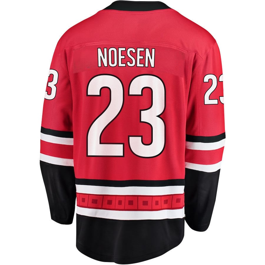 Alternative view of Stefan Noesen 23 Carolina Hurricanes Stanley Cup 2023 Playoffs Patch Home Breakaway Men Hockey Jersey - Red - JS462 