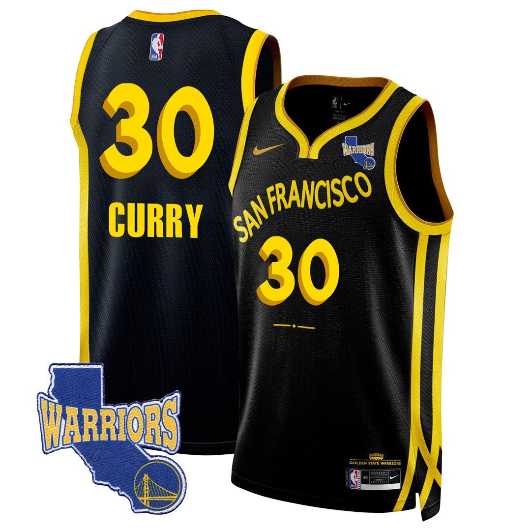Stephen Curry 30 Golden State Warriors California Patch 2023/24 City Edition Swingman Basketball Jersey - Black - JS167 