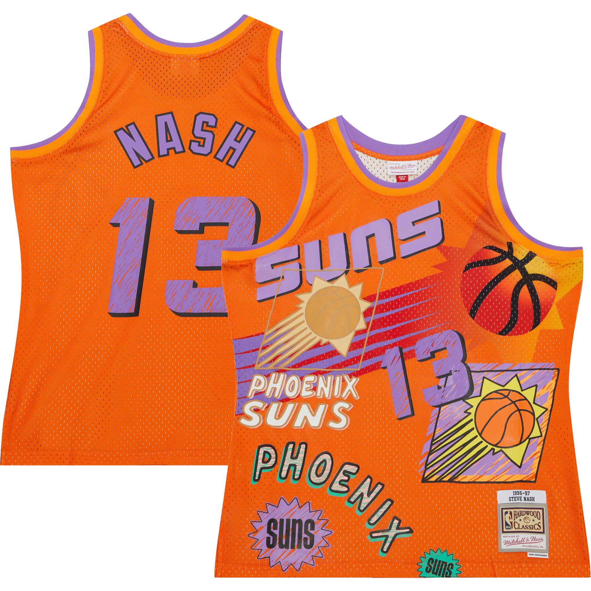 Alternative view of Steve Nash Phoenix Suns Mitchell & Ness 1996/97 Swingman Sidewalk Sketch Basketball Jersey - Orange