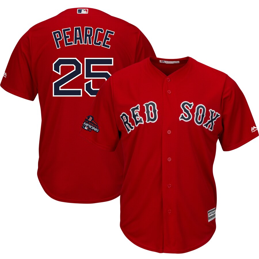 Steve Pearce Boston Red Sox Majestic 2018 World Series Champions Team Logo Player Baseball Jersey – Scarlet