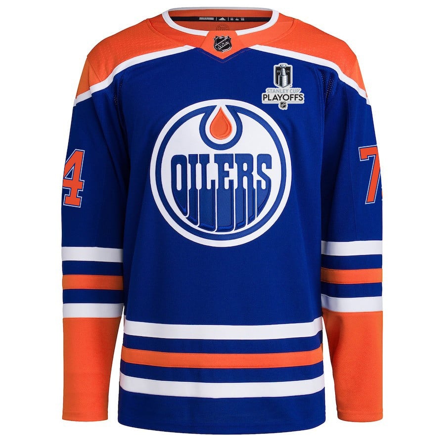 Alternative view of Stuart Skinner 74 Edmonton Oilers 2024 NHL Playoffs Patch Home Hockey Jersey - Men - JS842 