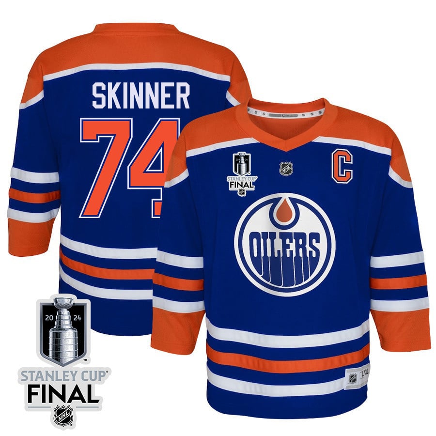 Stuart Skinner 74 Edmonton Oilers 2024 STANLEY CUP Final Youth Home Hockey Jersey - Royal - JS495 