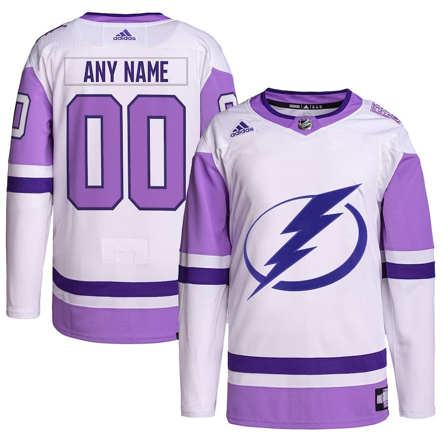 Tampa Bay Lightning Hockey Fights Cancer Primegreen Custom Men Hockey Jersey - White/Purple - JS343 