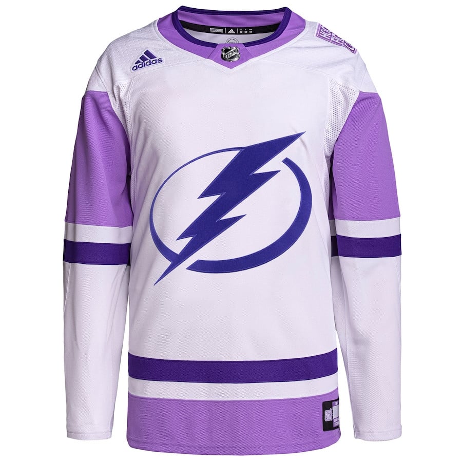 Alternative view of Tampa Bay Lightning Hockey Fights Cancer Primegreen Men Hockey Jersey - White/Purple - JS986 