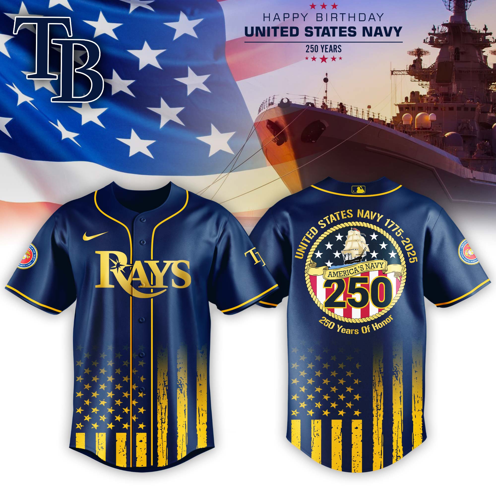 Tampa Bay Rays Mlb X Usa Happy Birthday Usa Navy Custom Baseball Jersey