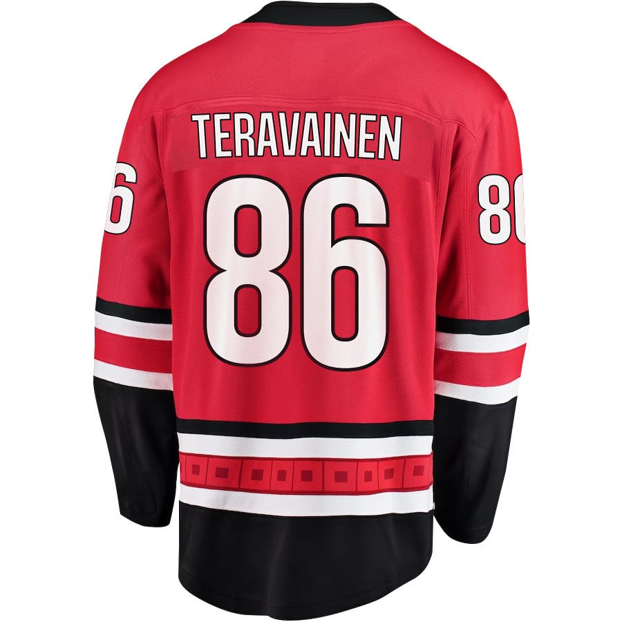 Alternative view of Teuvo Teravainen 86 Carolina Hurricanes Stanley Cup 2023 Playoffs Patch Home Breakaway Men Hockey Jersey - Red - JS329 