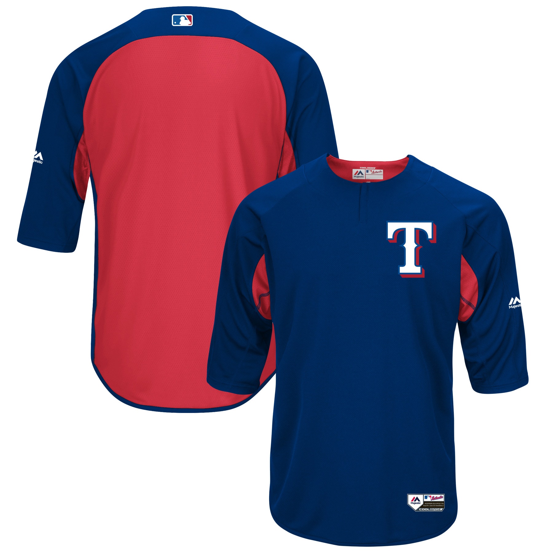 Alternative view of Texas Rangers Majestic Authentic Collection On-field 3/4-sleeve Batting Practice Baseball Jersey – Royal/red