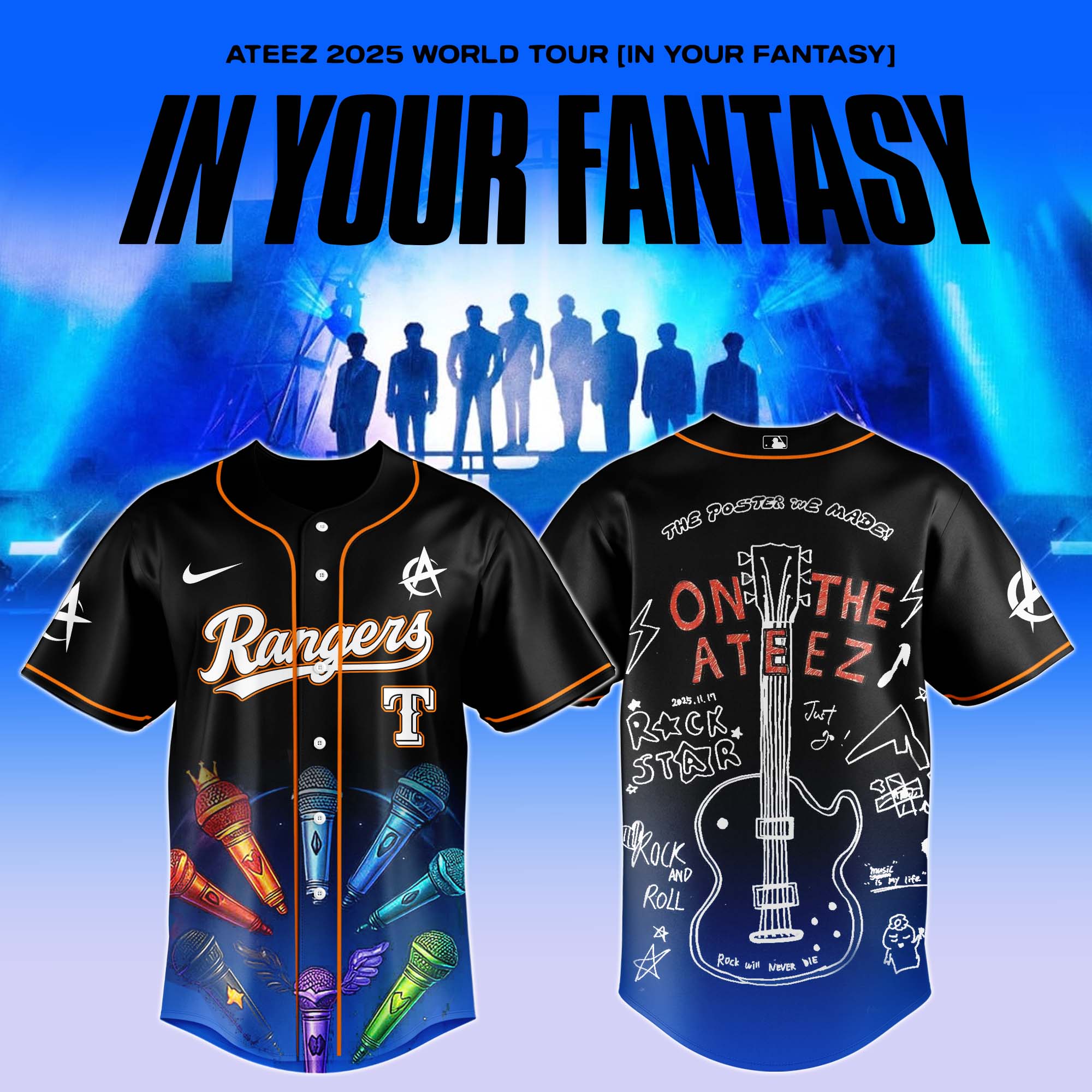 Texas Rangers Mlb Ateez 2025 World Tour Custom Baseball Jersey