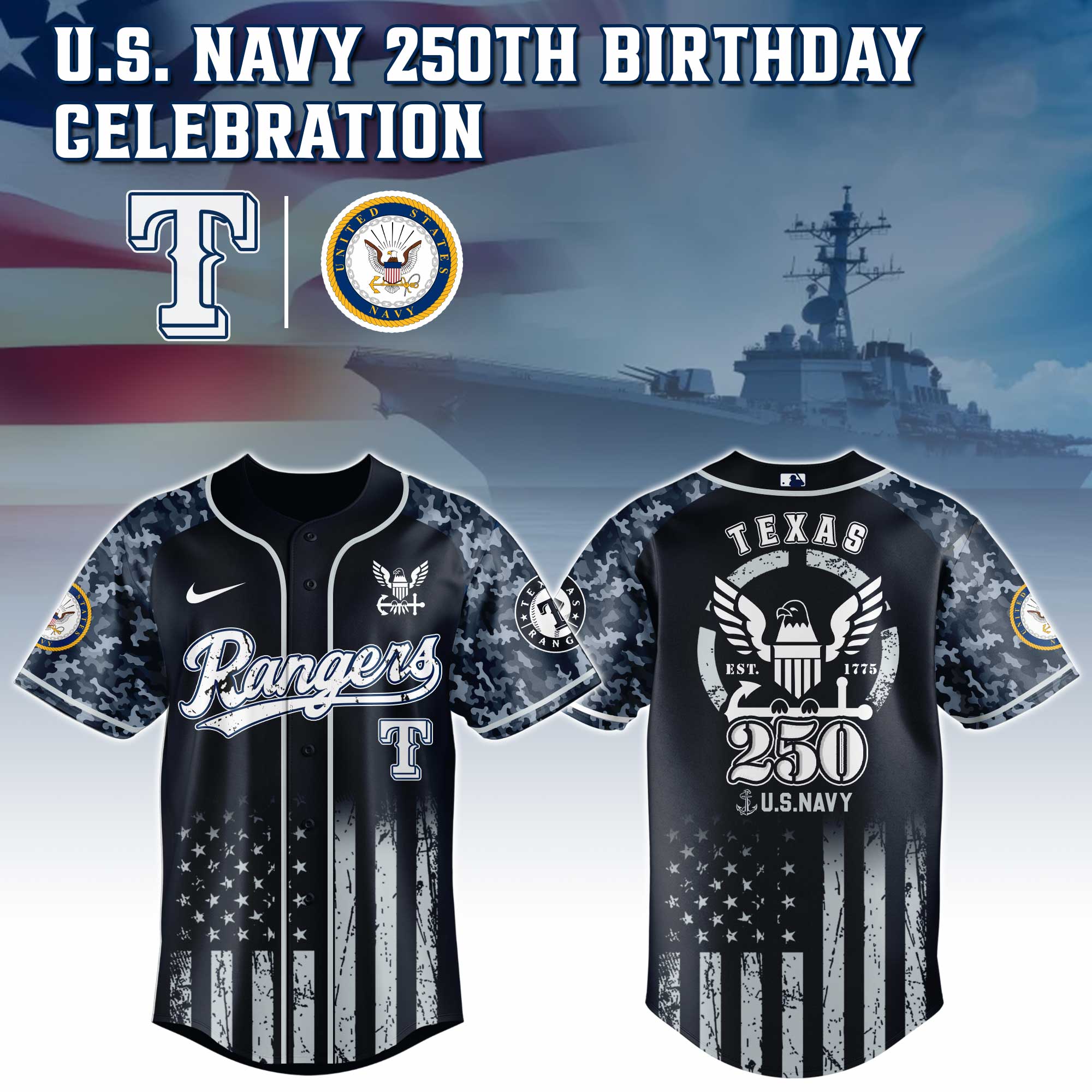 Texas Rangers Mlb X 250 U.s. Navy Custom Baseball Jersey