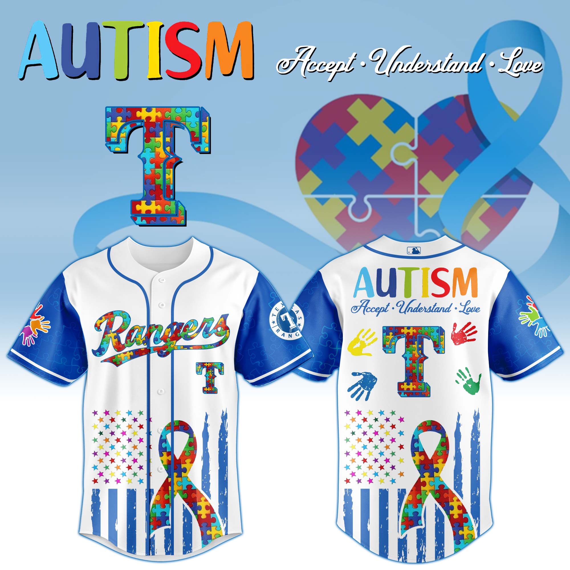 Texas Rangers Mlb X Autism Awareness Month Custom Baseball Jersey