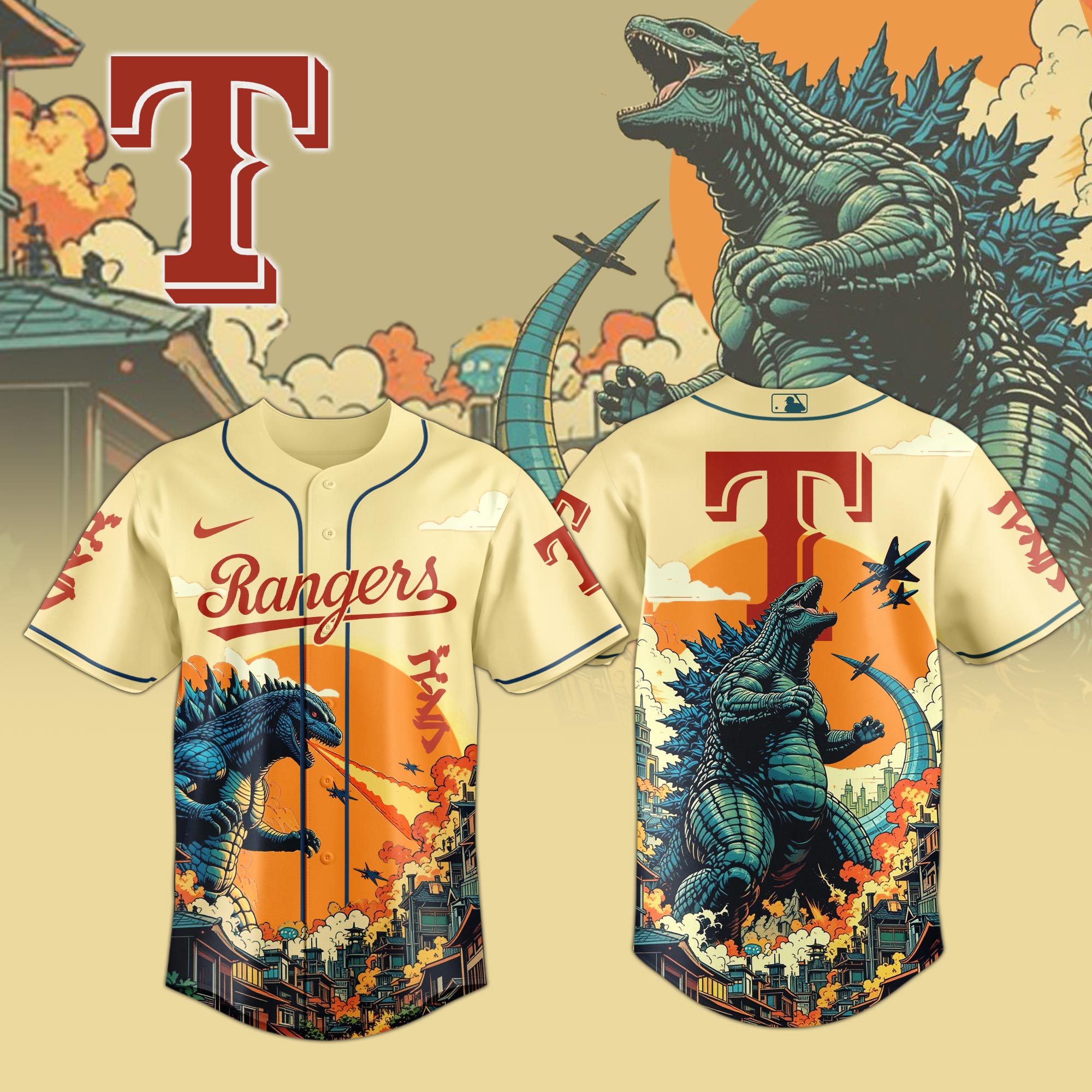 Texas Rangers Mlb X Godzilla Attack Custom Baseball Jersey