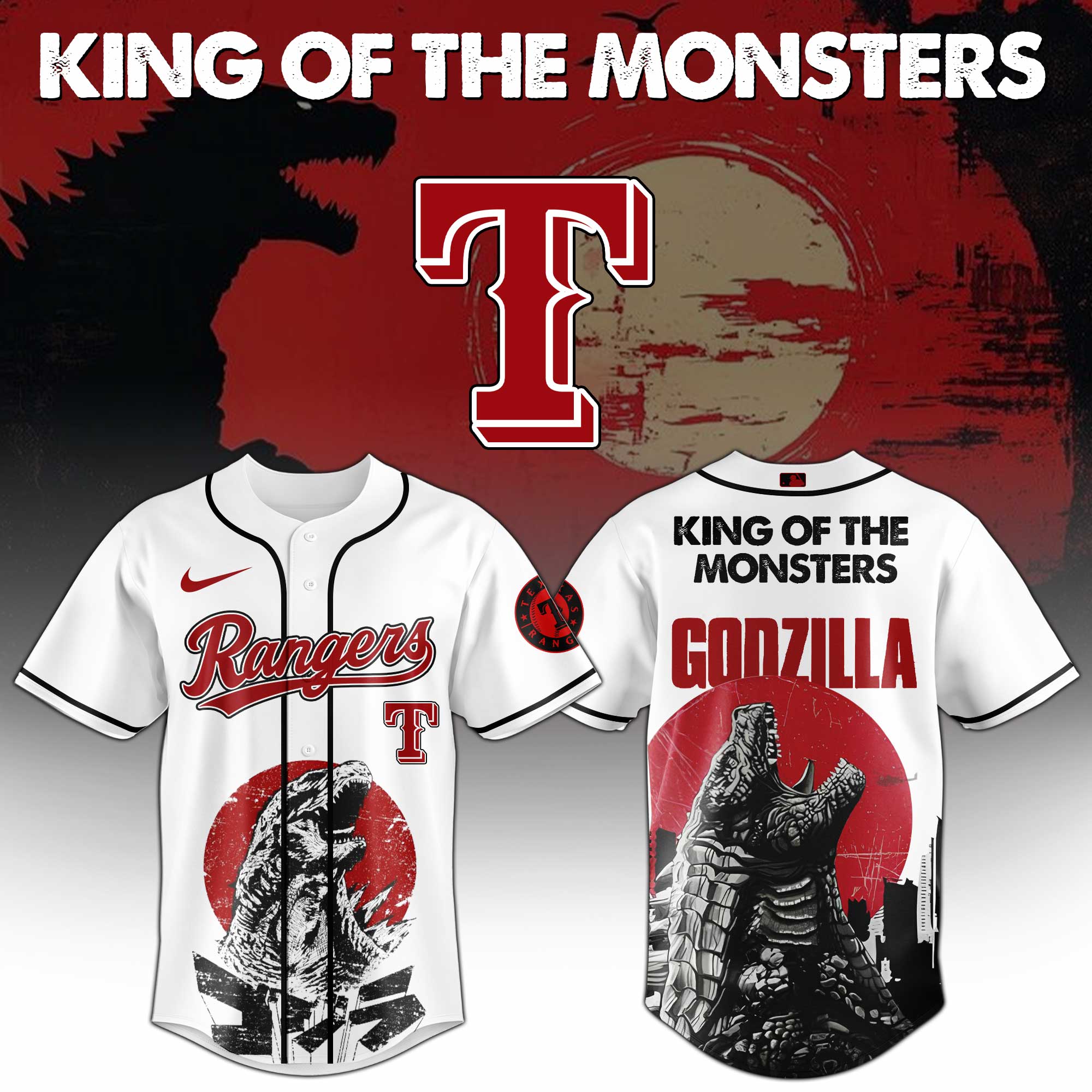 Texas Rangers Mlb X Godzilla King Of The Monsters Custom Baseball Jersey