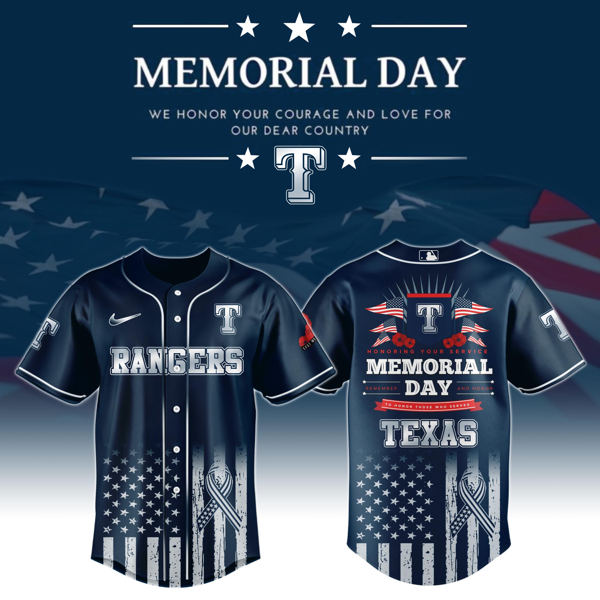 Texas Rangers Special Memorial Day Limited Edition Custom Baseball Jersey