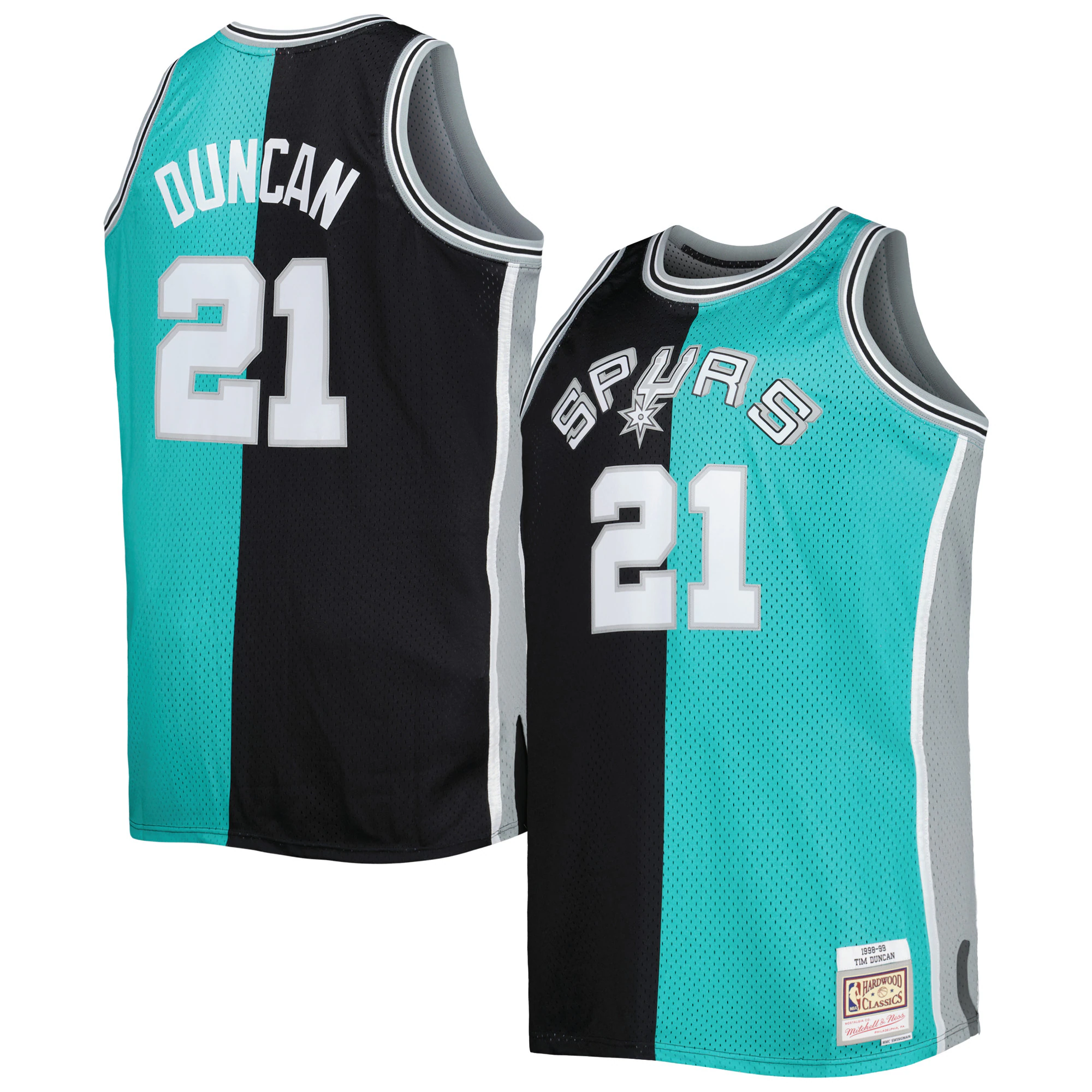 Tim Duncan San Antonio Spurs Mitchell & Ness Big & Tall Hardwood Classics 1998/99 Split Swingman Basketball Jersey - Black/teal