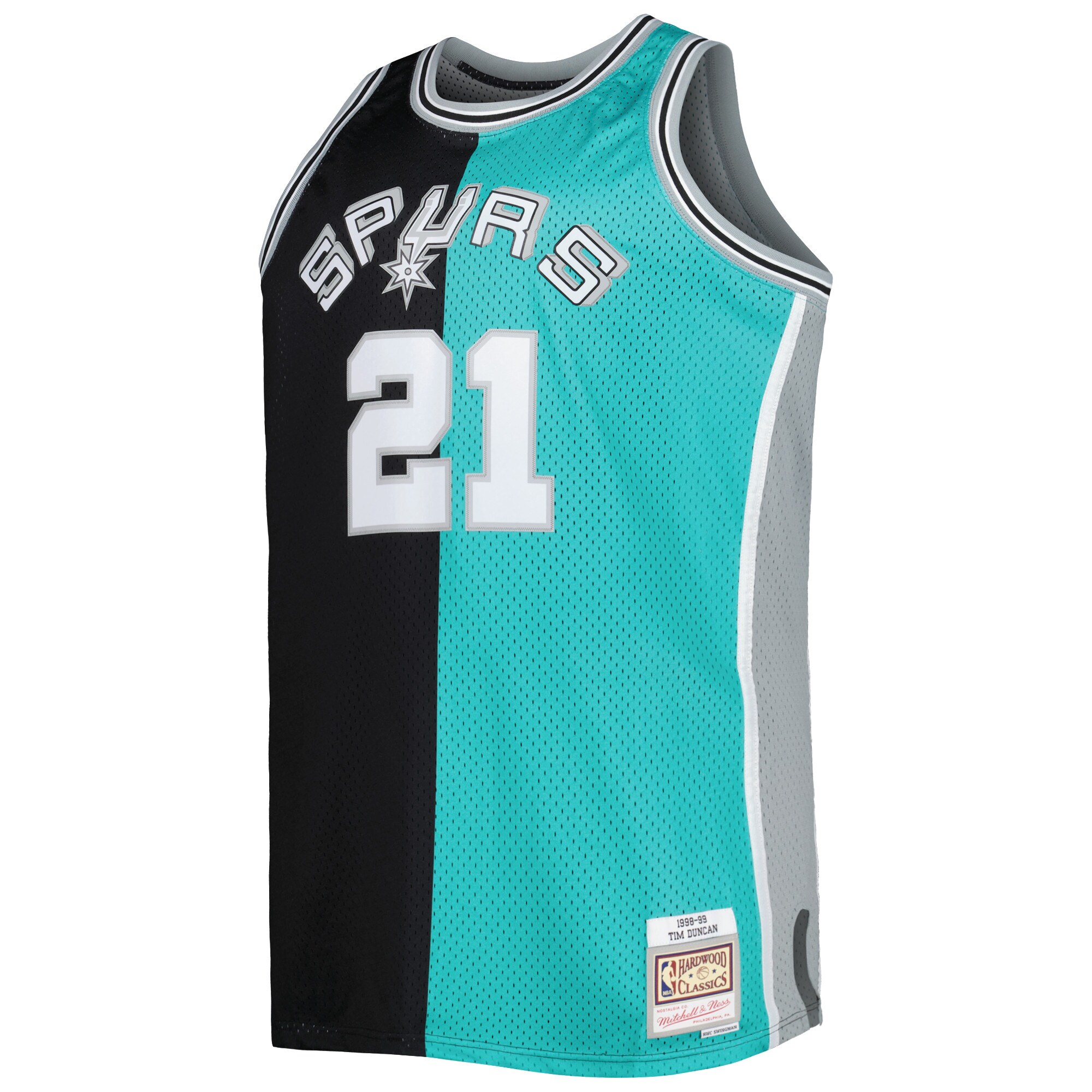 Alternative view of Tim Duncan San Antonio Spurs Mitchell & Ness Big & Tall Hardwood Classics 1998/99 Split Swingman Basketball Jersey - Black/teal
