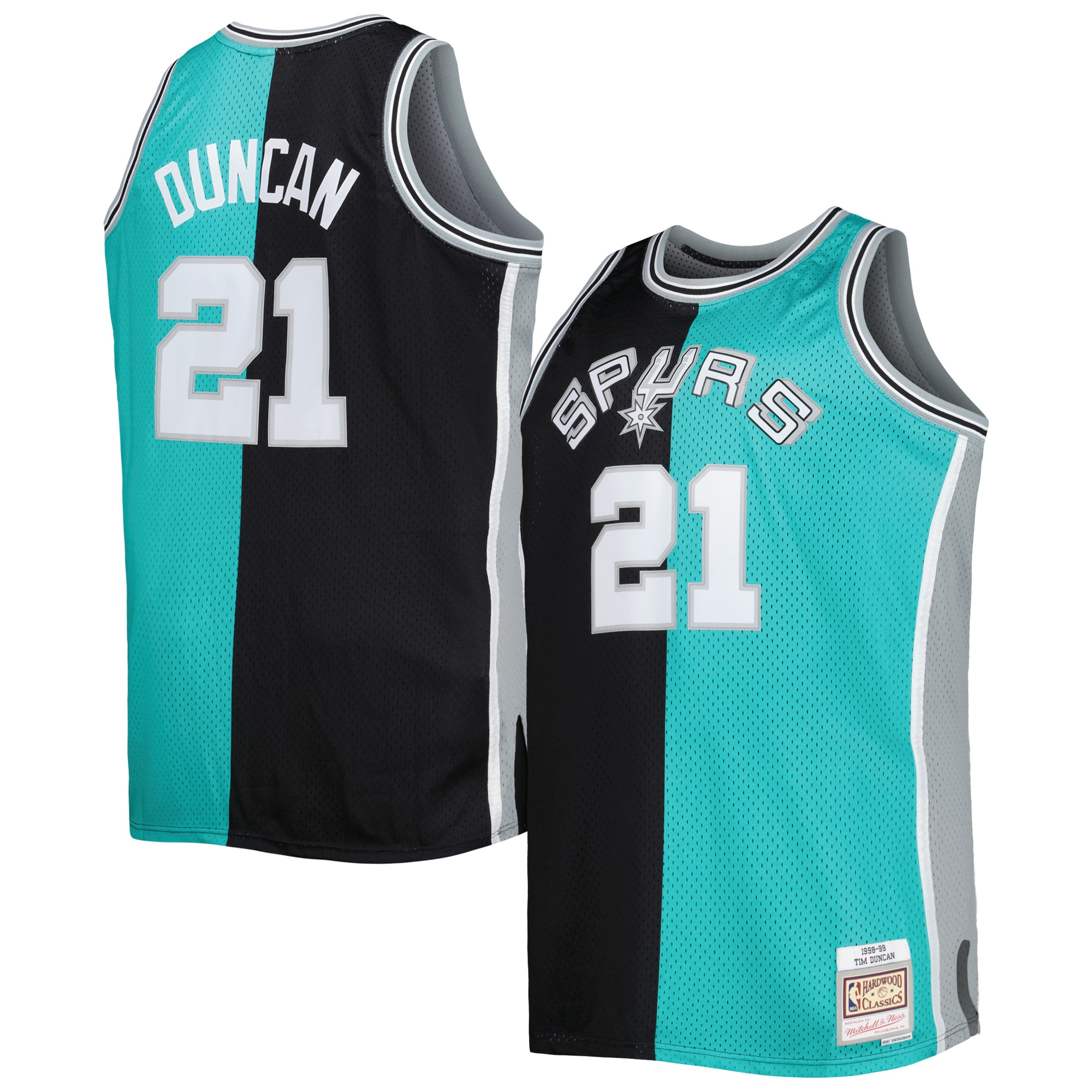 Tim Duncan San Antonio Spurs Mitchell & Ness Big & Tall Hardwood Classics 1998/99 Split Swingman Basketball Jersey - Black/teal