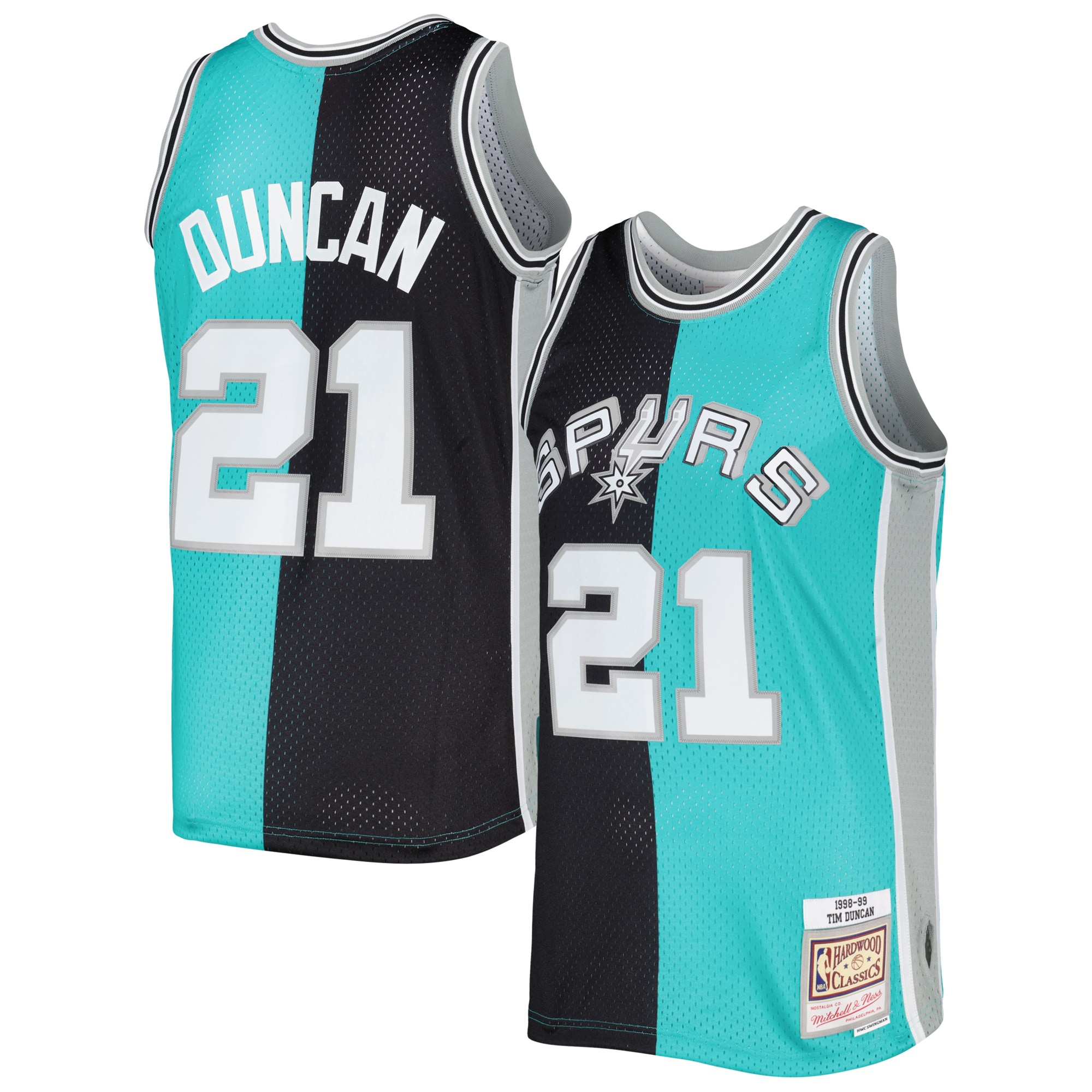 Tim Duncan San Antonio Spurs Mitchell & Ness Hardwood Classics 1998/99 Split Swingman Basketball Jersey - Black/teal