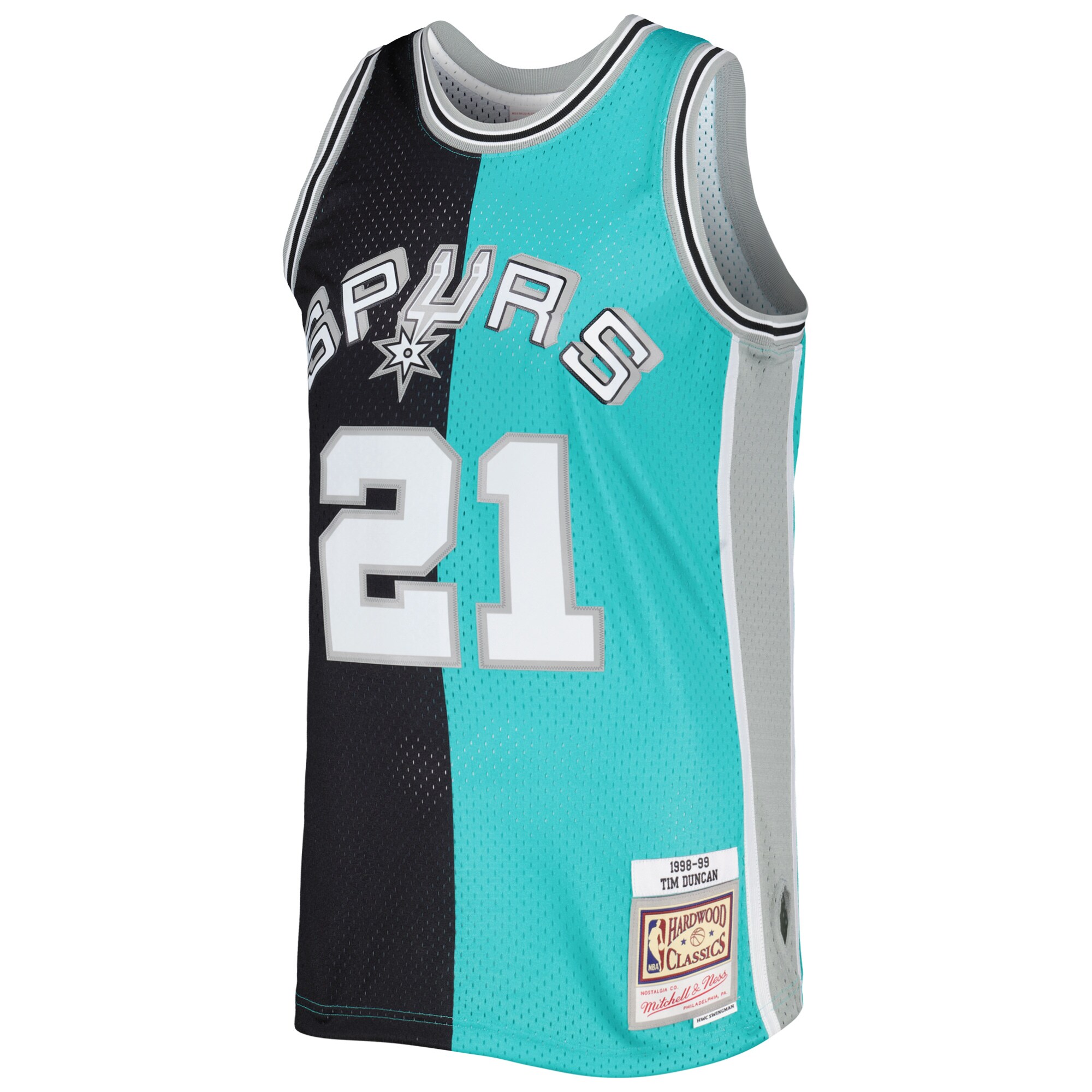 Alternative view of Tim Duncan San Antonio Spurs Mitchell & Ness Hardwood Classics 1998/99 Split Swingman Basketball Jersey - Black/teal
