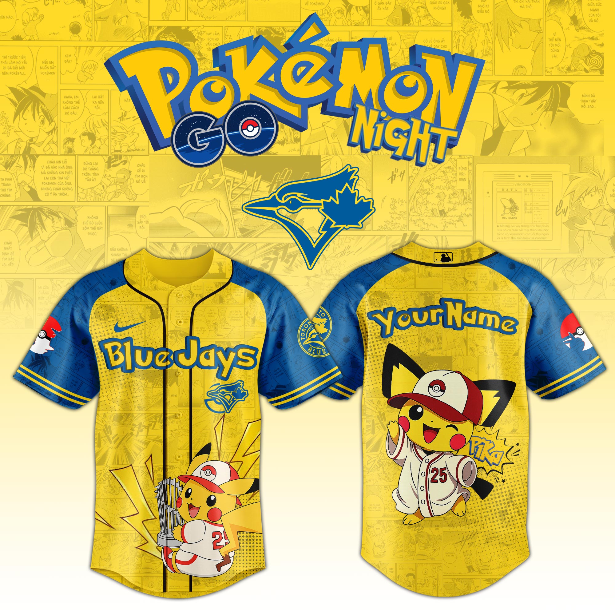 Toronto Blue Jays Mlb X Pokemon Pichu Pikachu Custom Baseball Jersey Custom Name