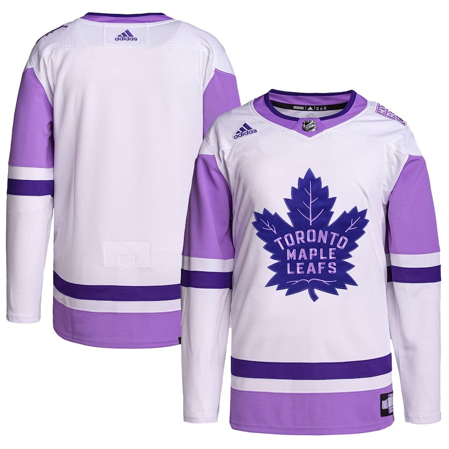Toronto Maple Leafs Hockey Fights Cancer Primegreen Men Hockey Jersey - White/Purple - JS574 