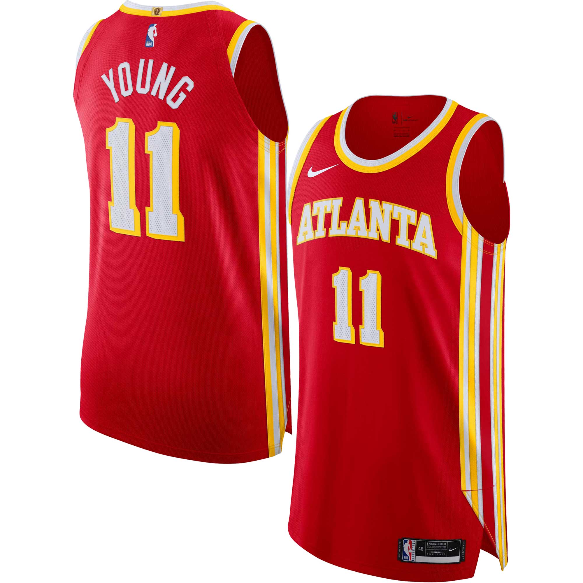 Alternative view of Trae Young Atlanta Hawks 2022/23 Authentic Player Basketball Jersey Red - Icon Edition