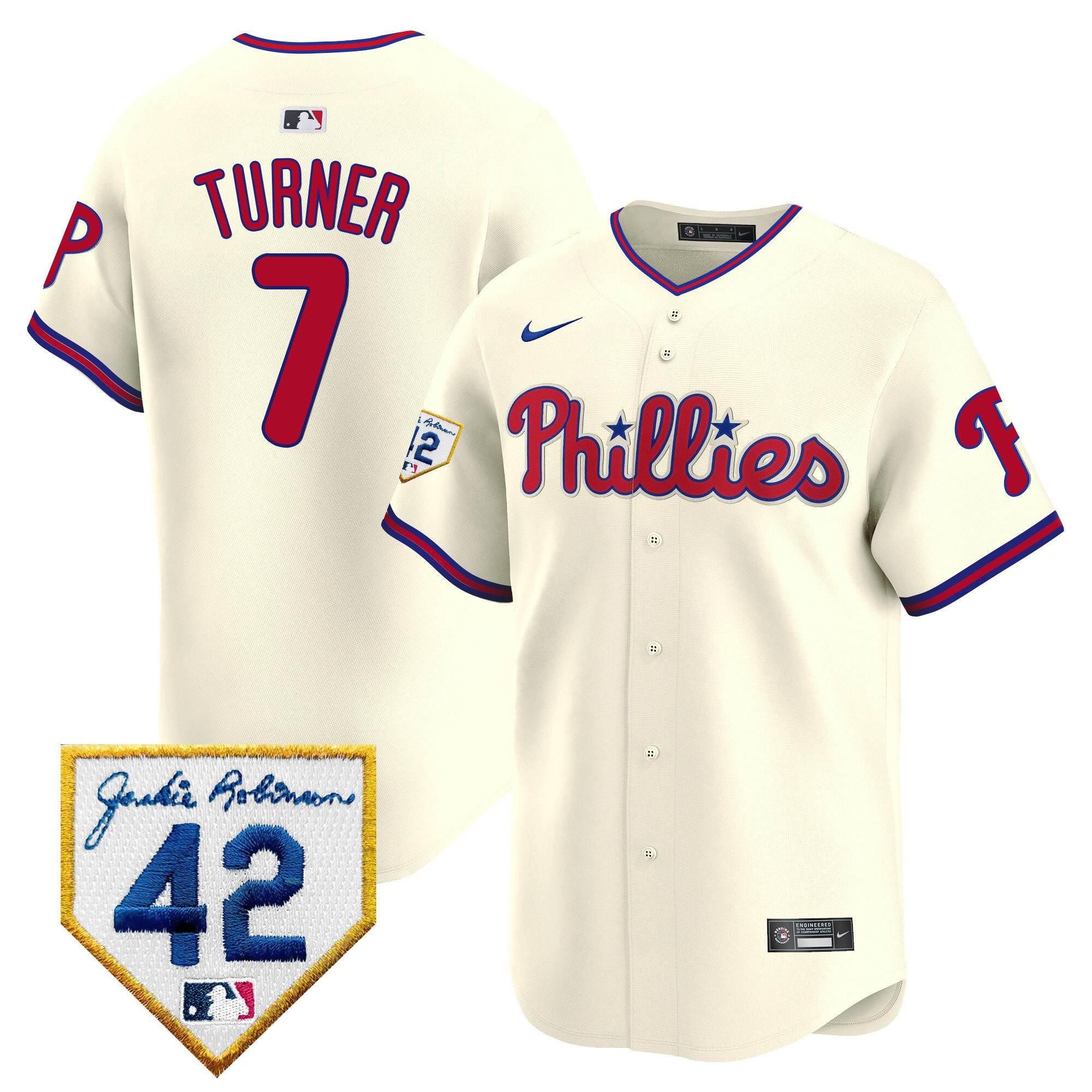 Trea Turner 7 Philadelphia Phillies 2024 Jackie Robinson Patch Men Baseball Jersey - Cream 