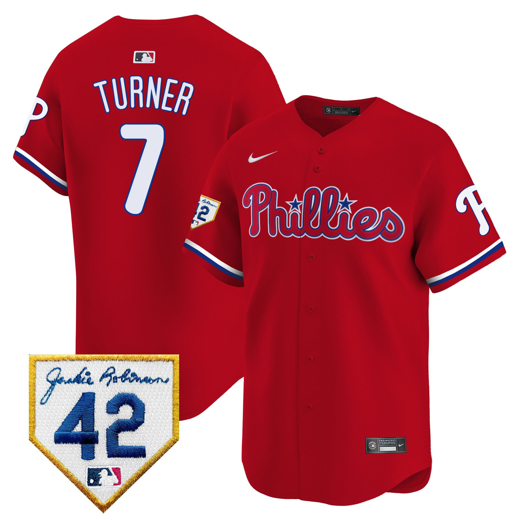 Trea Turner 7 Philadelphia Phillies 2024 Jackie Robinson Patch Men Baseball Jersey - Red 