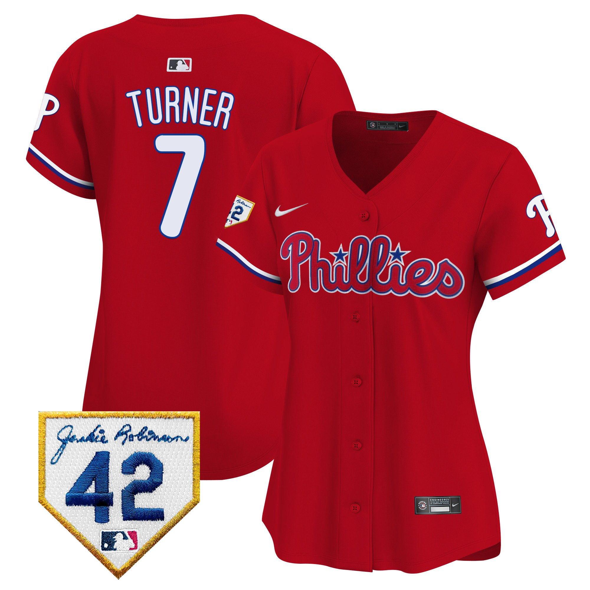 Trea Turner 7 Philadelphia Phillies 2024 Jackie Robinson Patch Women Baseball Jersey - Red 