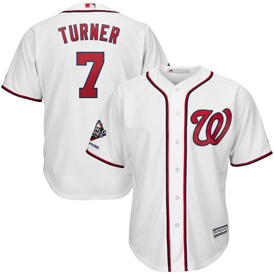 Trea Turner Washington Nationals Majestic 2019 World Series Champions Home Official Cool Base Bar Patch Player Baseball Jersey – White