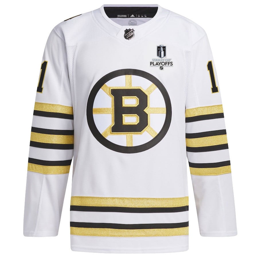 Alternative view of Trent Frederic 11 Boston Bruins 2024 NHL Playoffs Patch Away Hockey Jersey - Men, White - JS331 