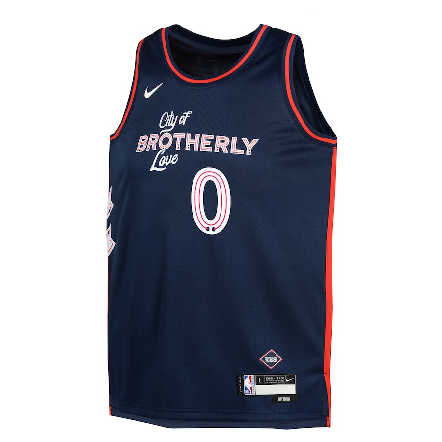 Alternative view of Tyrese Maxey 0 Philadelphia 76ers 2023/24 City Edition Swingman YOUTH Basketball Jersey - Navy - JS779 