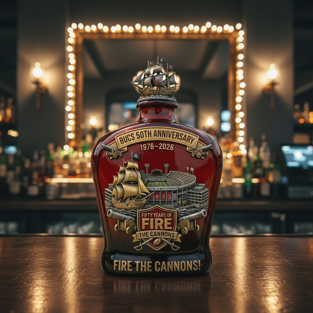 Tampa Bay Buccaneers 50Th Anniversary Fire The Cannons Whiskey Bottle Decanter 2026 - Image 2