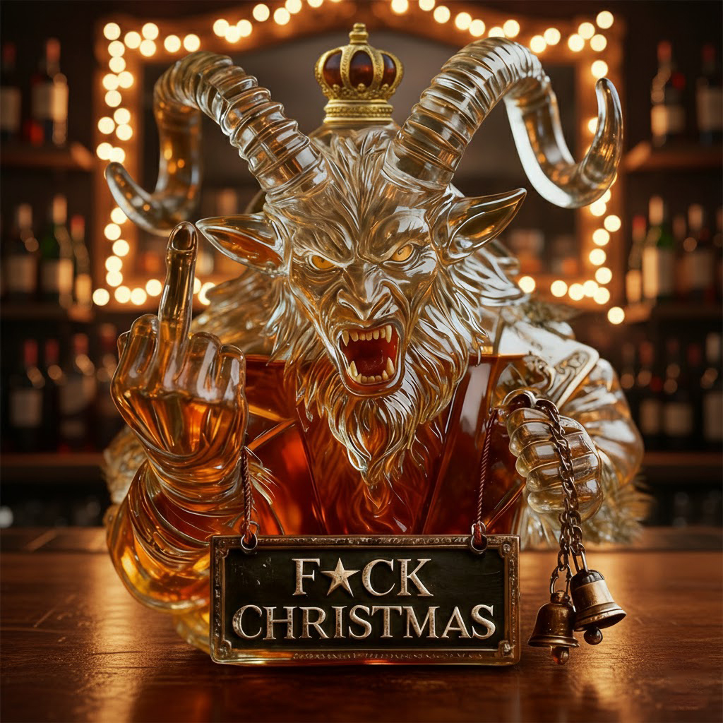 Krampus Middle Finger Fuck Christmas Whiskey Bottle Dark Humor Bar Gift - Image 2