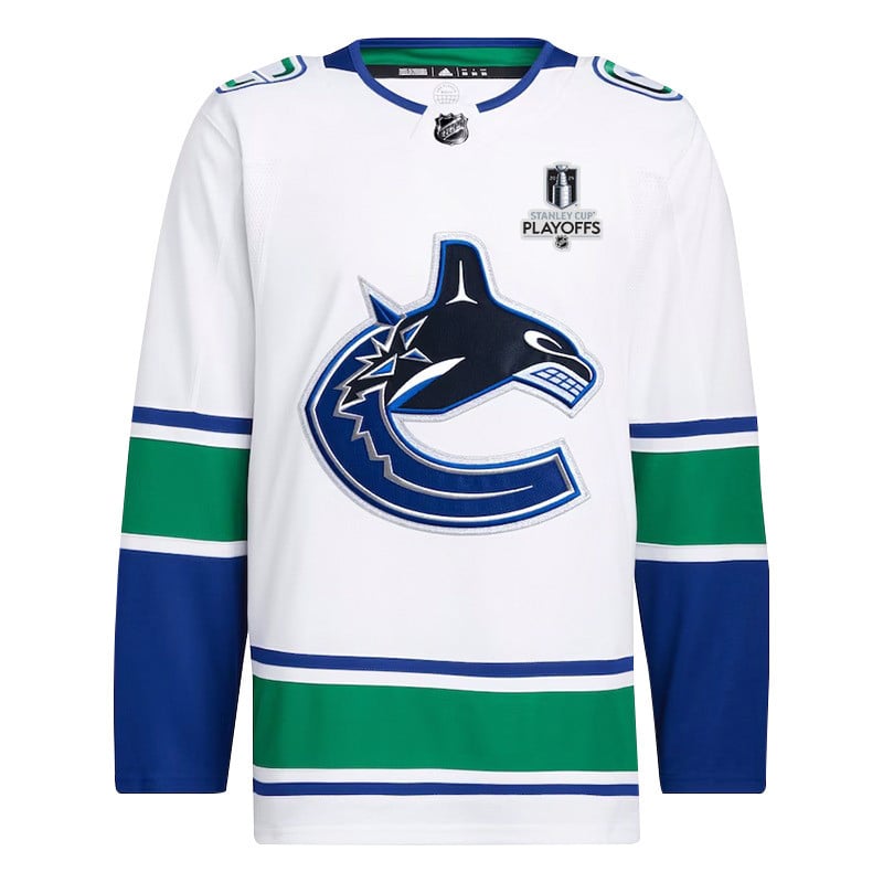 Alternative view of Vancouver Canucks 2024 NHL Playoffs Patch Away Hockey Jersey - Men, White - JS757 
