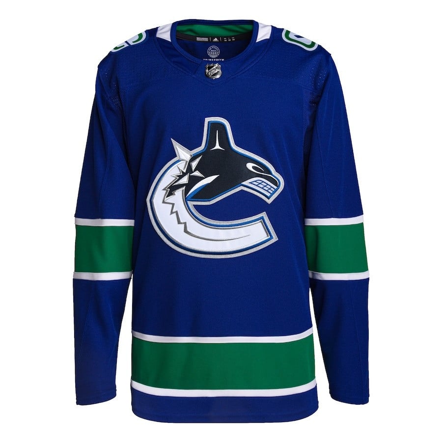 Alternative view of Vancouver Canucks 2024 NHL Playoffs Patch Home Hockey Jersey - Men, Blue - JS148 