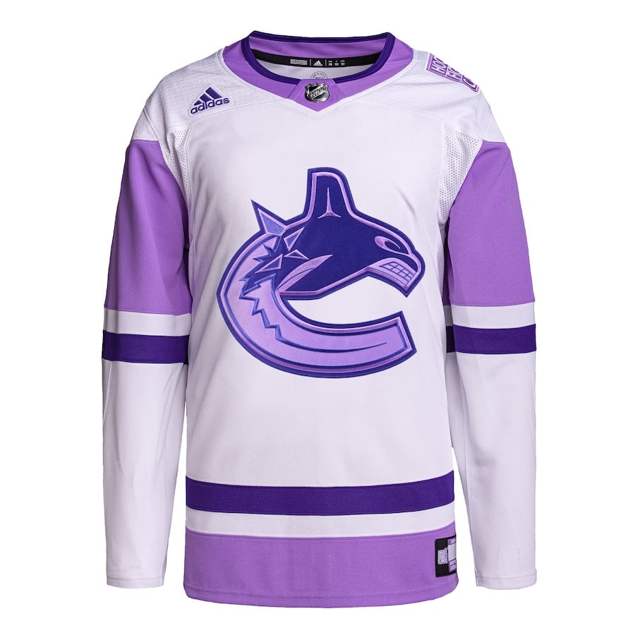 Alternative view of Vancouver Canucks Hockey Fights Cancer Primegreen Men Hockey Jersey - White/Purple - JS202 