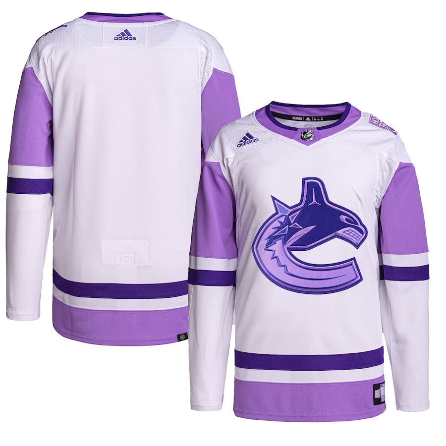 Vancouver Canucks Hockey Fights Cancer Primegreen Men Hockey Jersey - White/Purple - JS202 