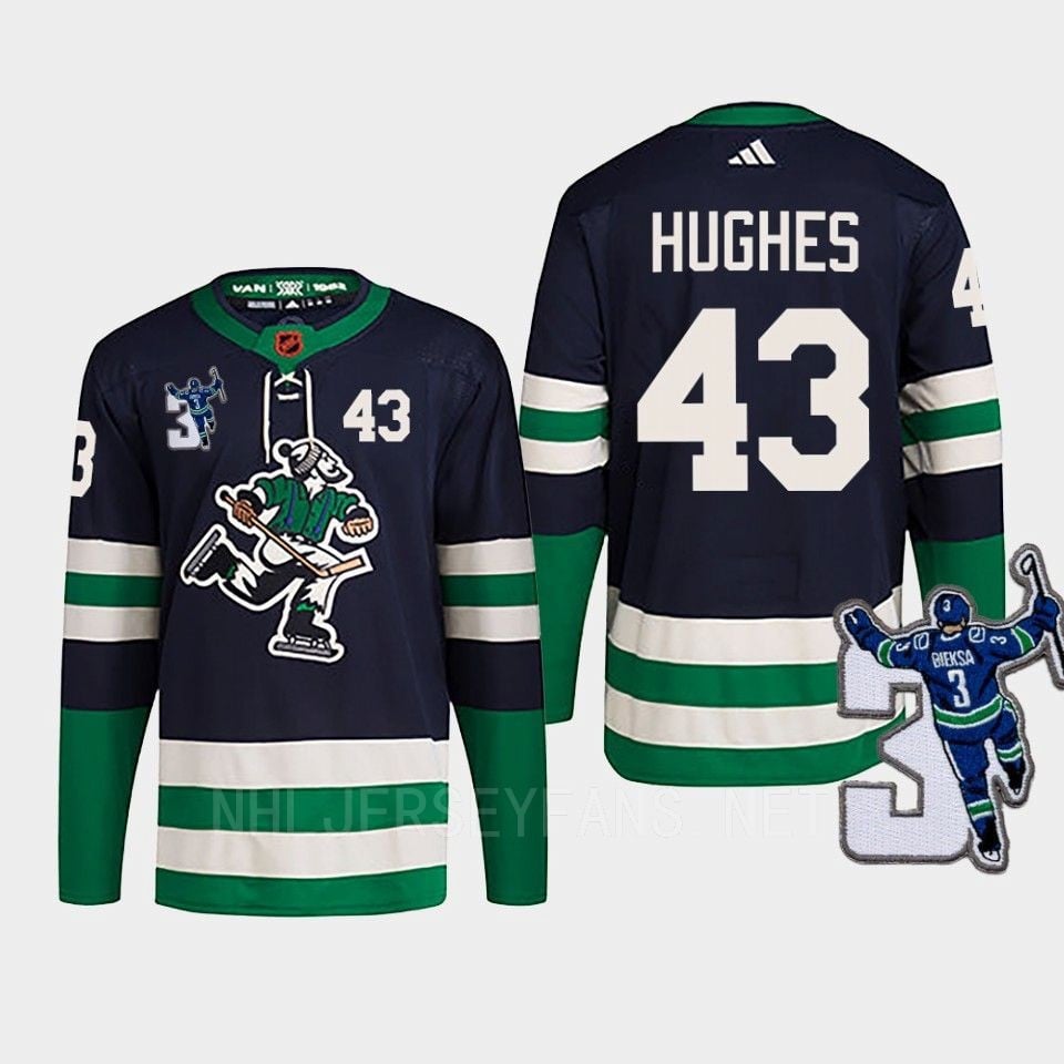 Vancouver Canucks Quinn Hughes 43 Navy Reverse Retro 2.0 Kevin Bieska Patch Hockey Jersey - JS182 