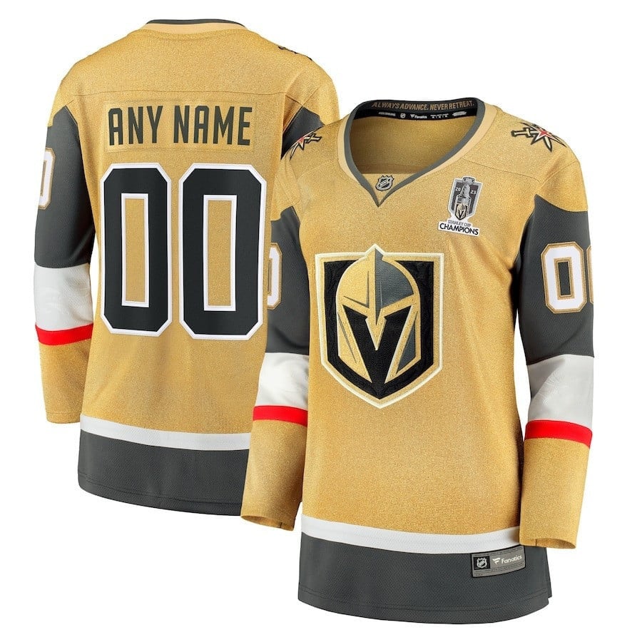 Vegas Golden Knights 2023 Stanley Cup Champions Patch Home Breakaway Custom 00 Women Hockey Jersey - Gold - JS791 
