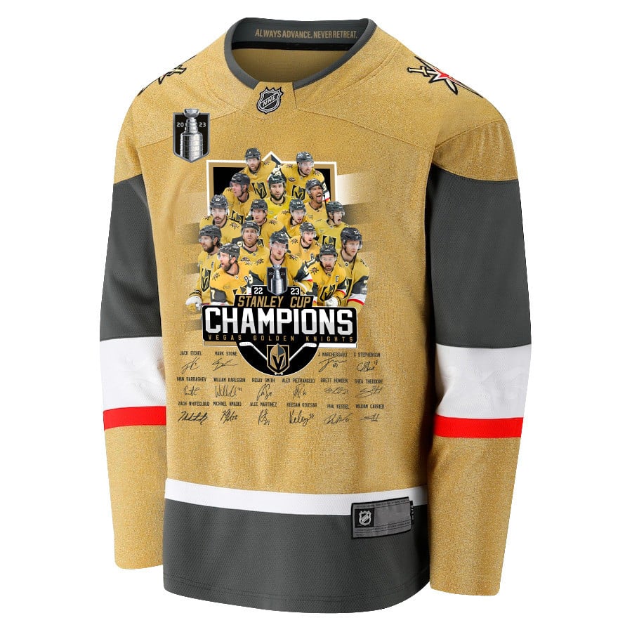 Alternative view of Vegas Golden Knights Celebrating Vegas' Championship 2023 Stanley Cup Men Hockey Jersey - Yellow - JS312 
