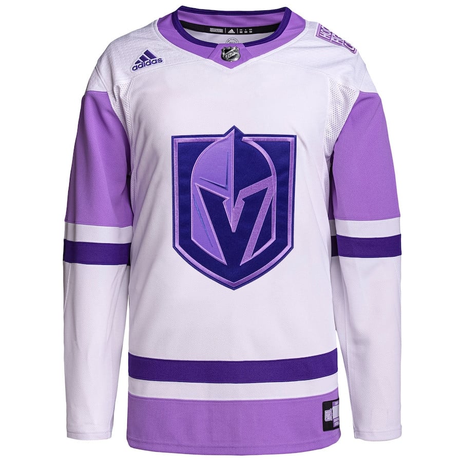 Alternative view of Vegas Golden Knights Hockey Fights Cancer Primegreen Custom Men Hockey Jersey - White/Purple - JS358 
