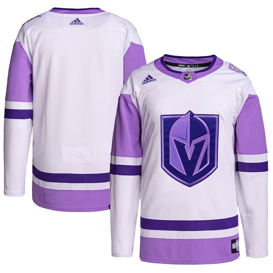Vegas Golden Knights Hockey Fights Cancer Primegreen Men Hockey Jersey - White/Purple - JS829 