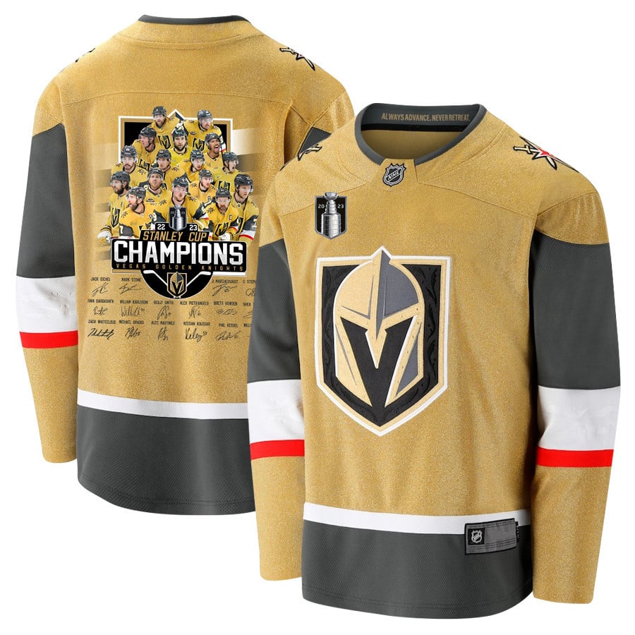 Vegas Golden Knights Players Signatures 2023 Stanley Cup Men Hockey Jersey - Yellow - JS202 