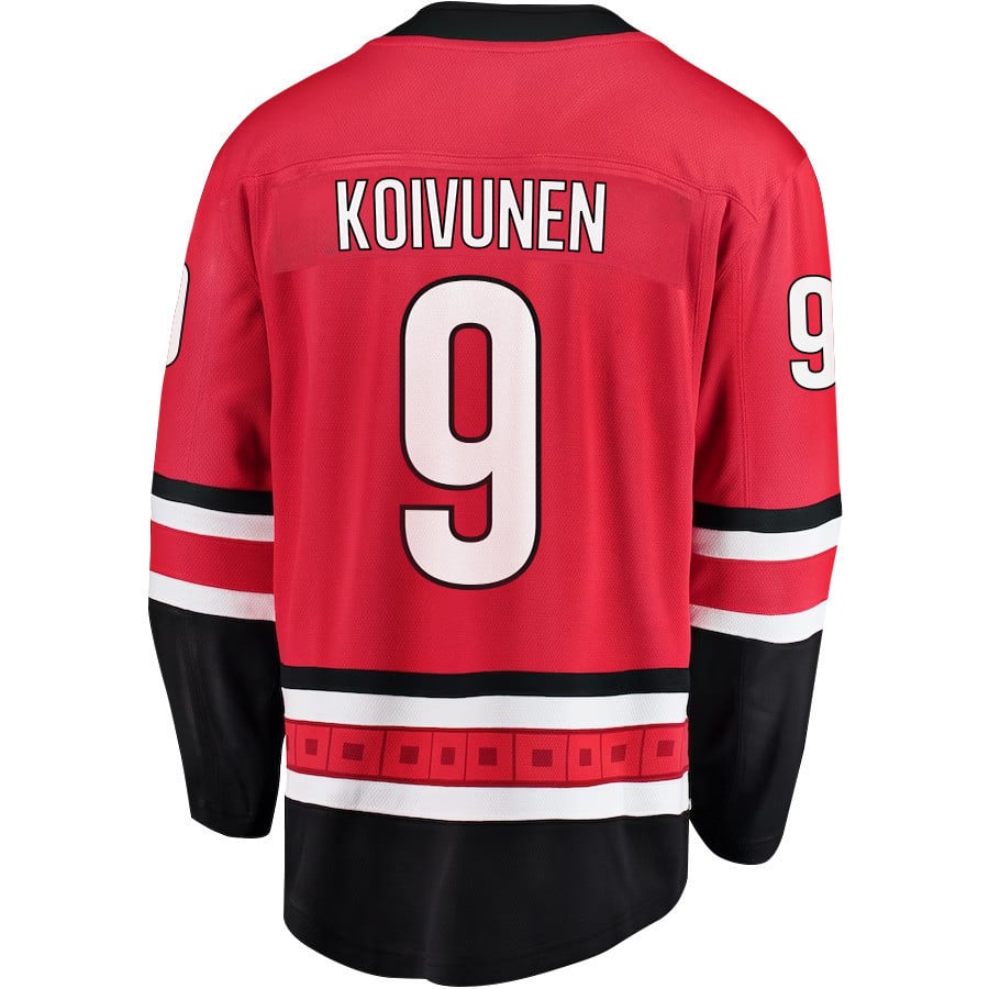 Alternative view of Ville Koivunen 9 Carolina Hurricanes Stanley Cup 2023 Playoffs Patch Home Breakaway Men Hockey Jersey - Red - JS972 
