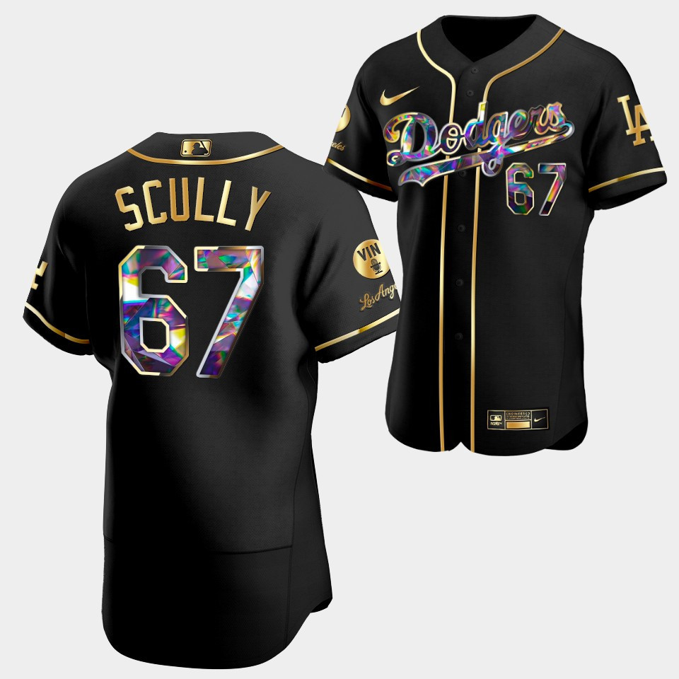 Vin Forever Los Angeles Dodgers Vin Scully 67 Black Baseball Jersey Golden Diamond 