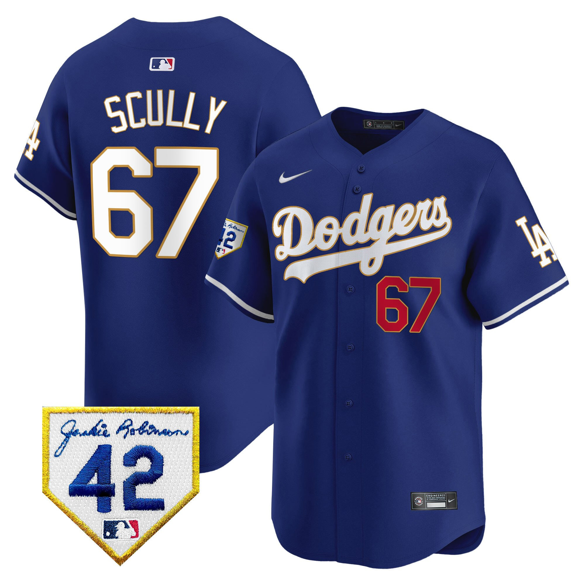 Vin Scully 67 Los Angeles Dodgers 2024 Jackie Robinson Patch Men Baseball Jersey - Royal 