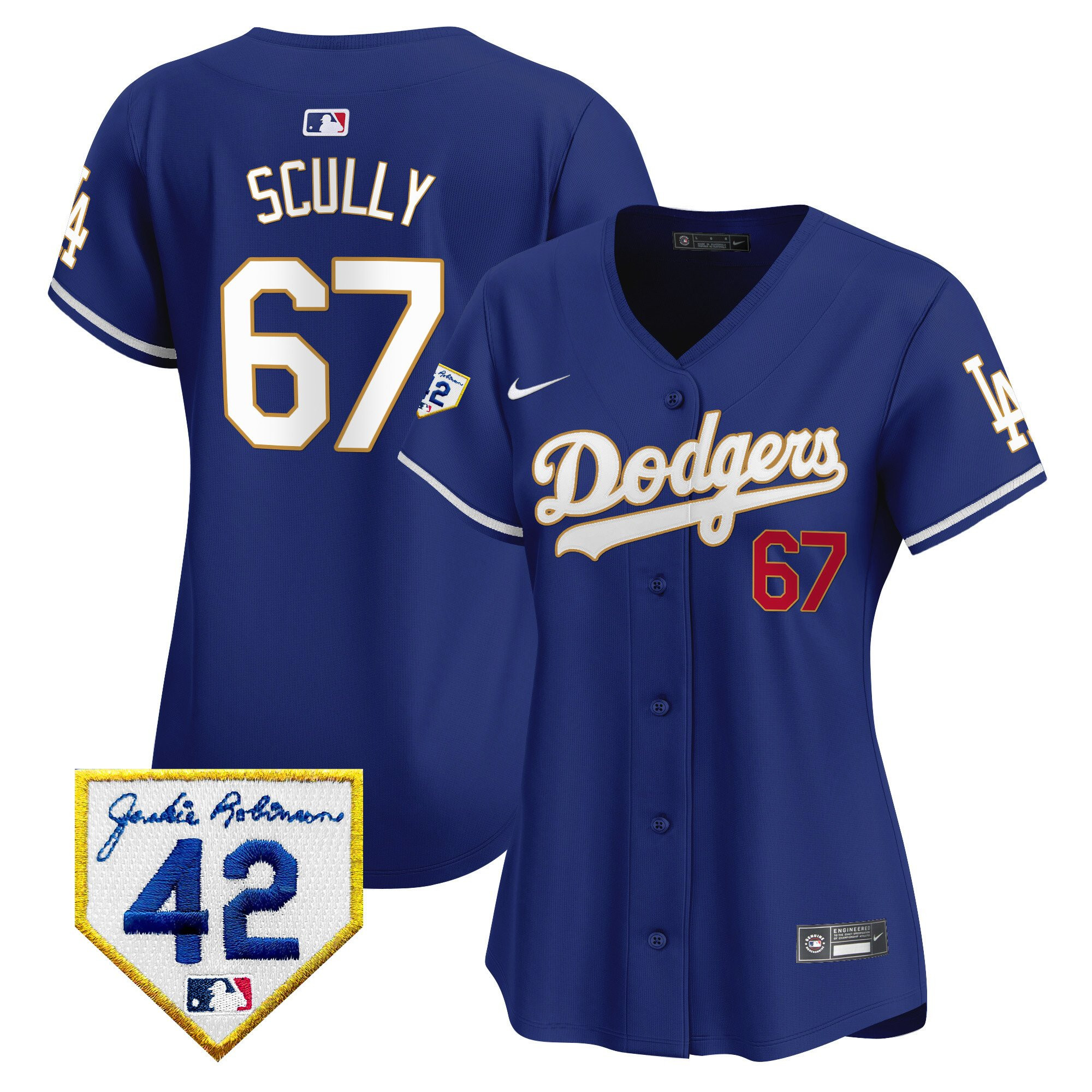Vin Scully 67 Los Angeles Dodgers 2024 Jackie Robinson Patch Women Baseball Jersey - Royal 