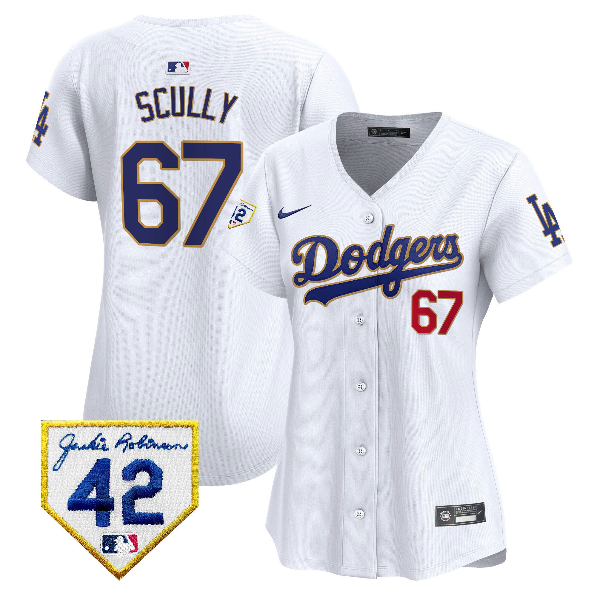 Vin Scully 67 Los Angeles Dodgers 2024 Jackie Robinson Patch Women Baseball Jersey - White 